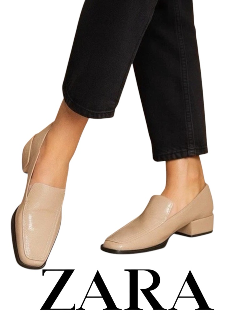 Zara Beige Patent Leather Slip-On Block Heel Square Toe Loafers (EU36/US 5.5-6)